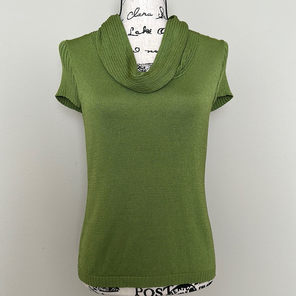 Jones New York Green Rib-Knit Cowl Neck Short Sleeve Pullover Sweater M
